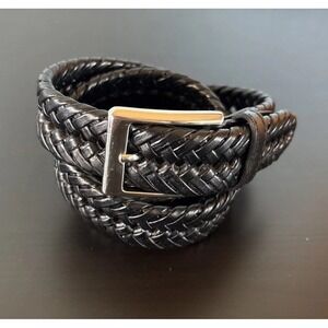 Dockers Mens Belt Size 38/95 Black Leather Woven Design Silvertone Buckle